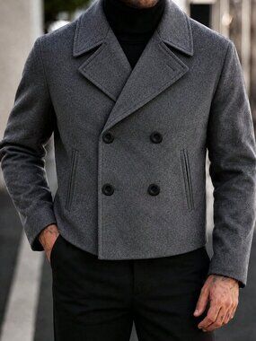 Dark Grey Minimalist Men's Double Button Lapel Short Coat